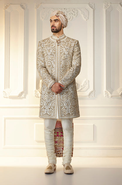 Ivory Zardozi Embroidered Sherwani Set