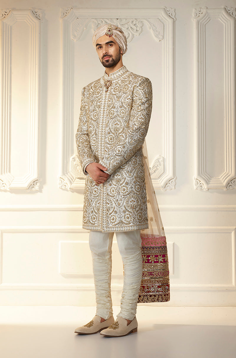 Ivory Zardozi Embroidered Sherwani Set