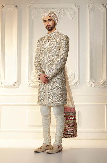 Ivory Zardozi Embroidered Sherwani Set