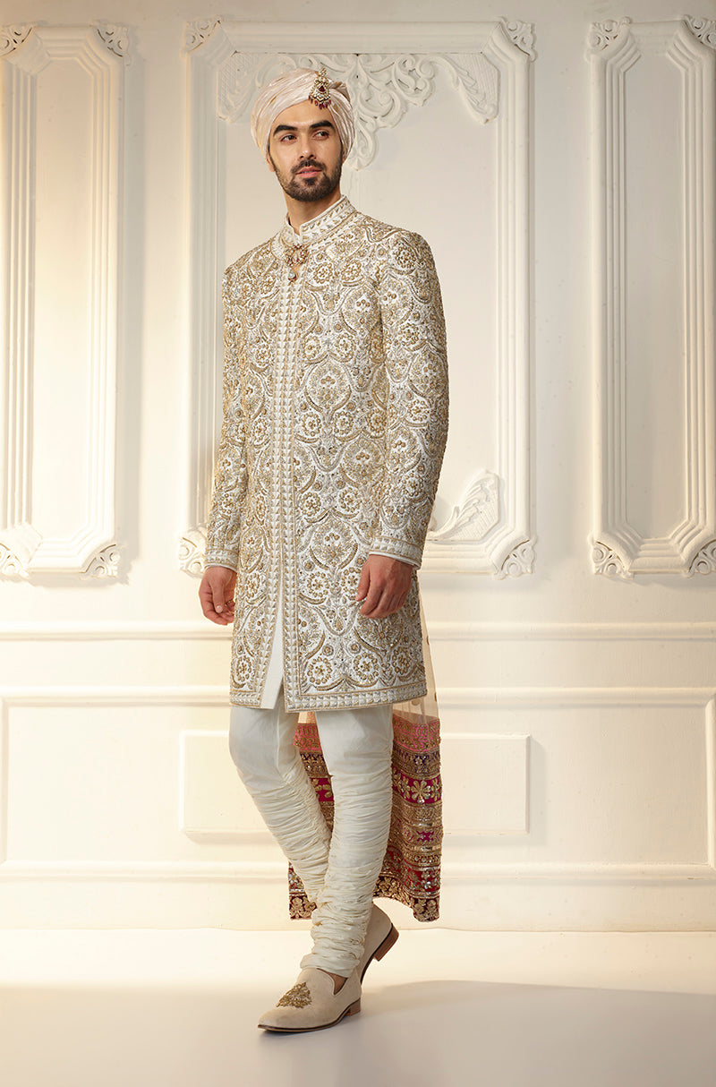 Ivory Zardozi Embroidered Sherwani Set