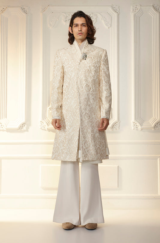 Ivory Textured Lace Overlapped Sherwani Set