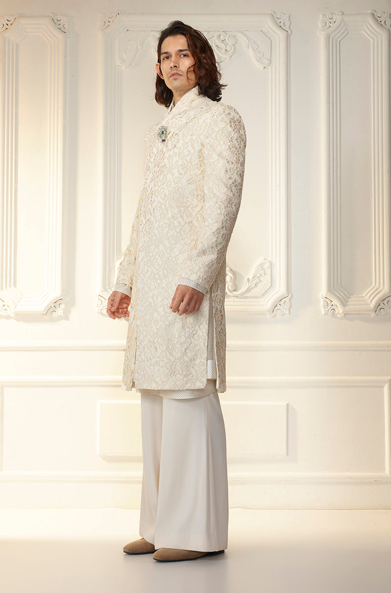 Ivory Textured Lace Overlapped Sherwani Set