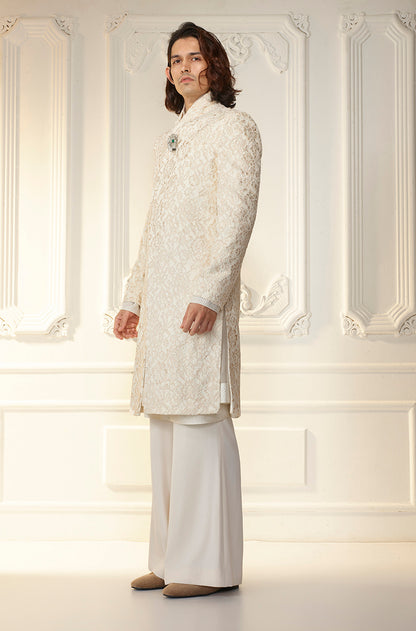 Ivory Textured Lace Overlapped Sherwani Set