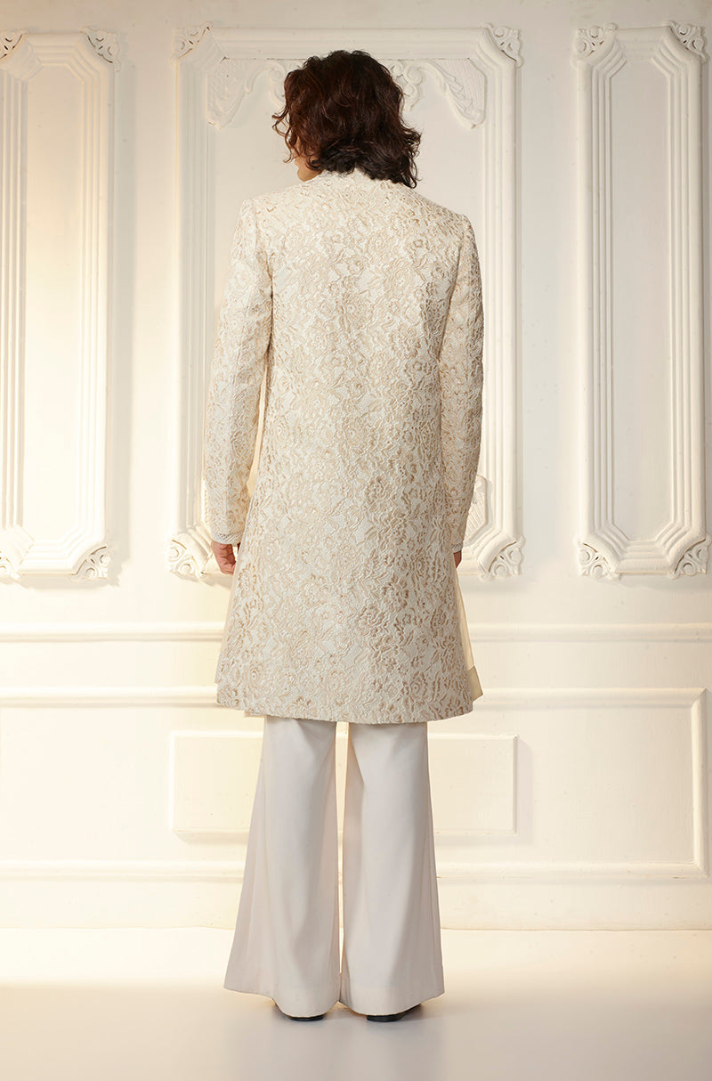 Ivory Textured Lace Overlapped Sherwani Set