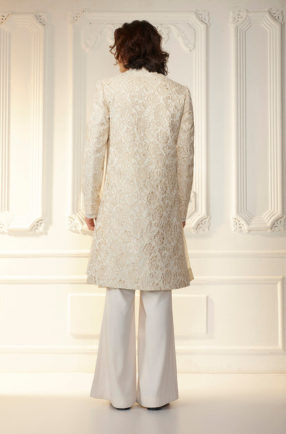 Ivory Textured Lace Overlapped Sherwani Set