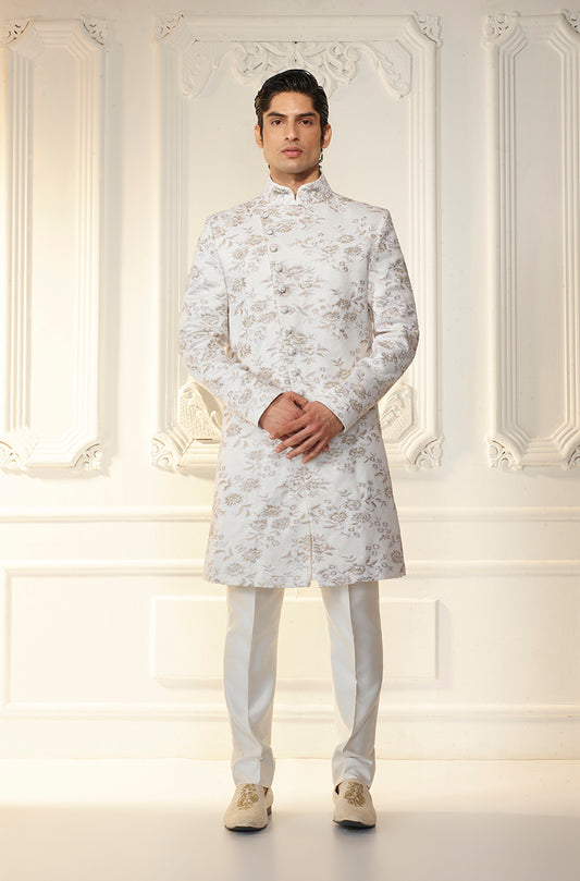 White Lace Motif Asymmetrical Sherwani Set