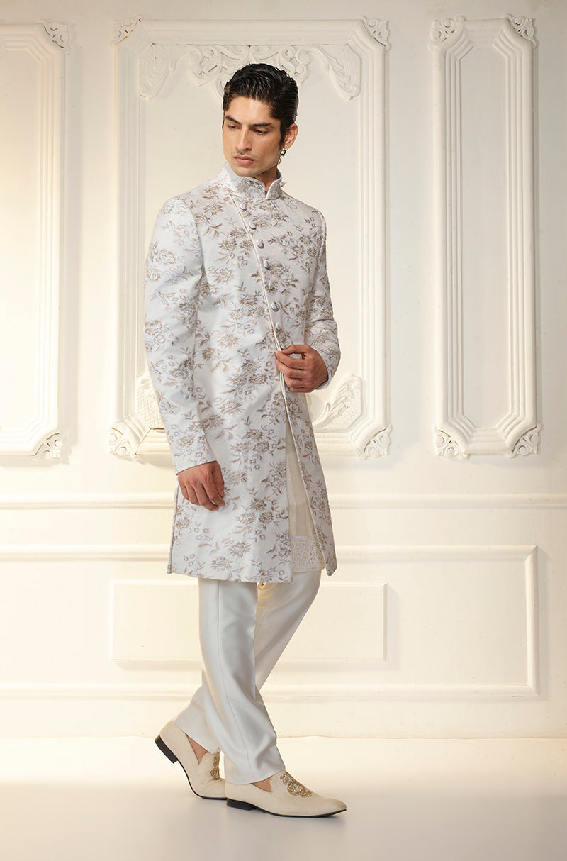 White Lace Motif Asymmetrical Sherwani Set