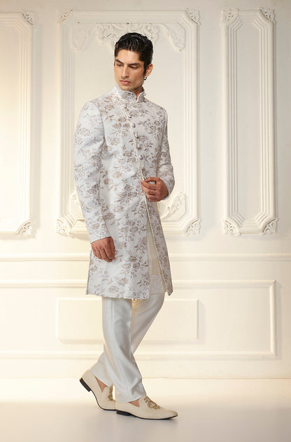 White Lace Motif Asymmetrical Sherwani Set
