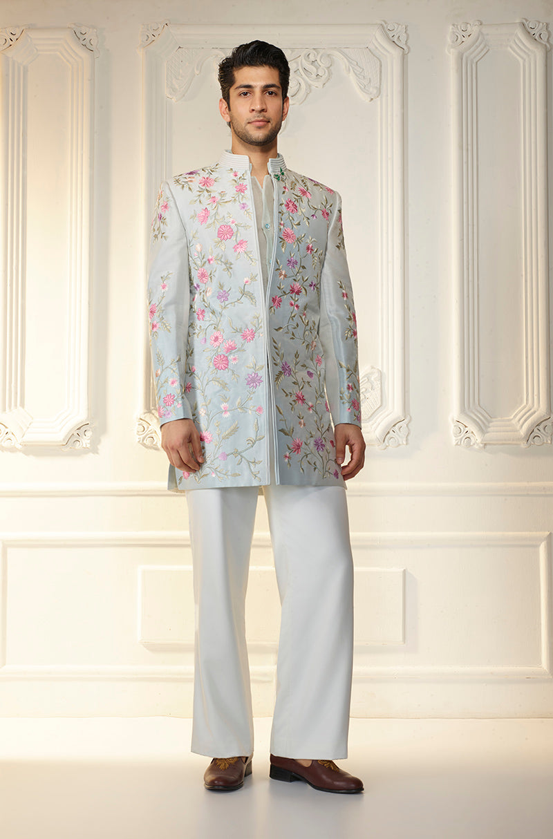 Ice Blue Multicolor Floral Embroidered Sherwani Set