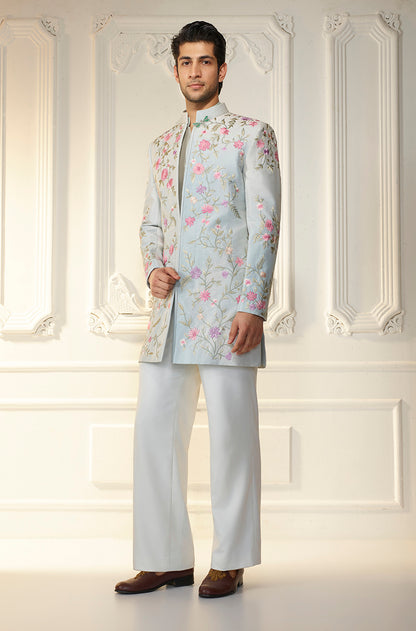 Ice Blue Multicolor Floral Embroidered Sherwani Set