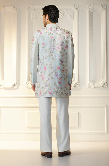 Ice Blue Multicolor Floral Embroidered Sherwani Set