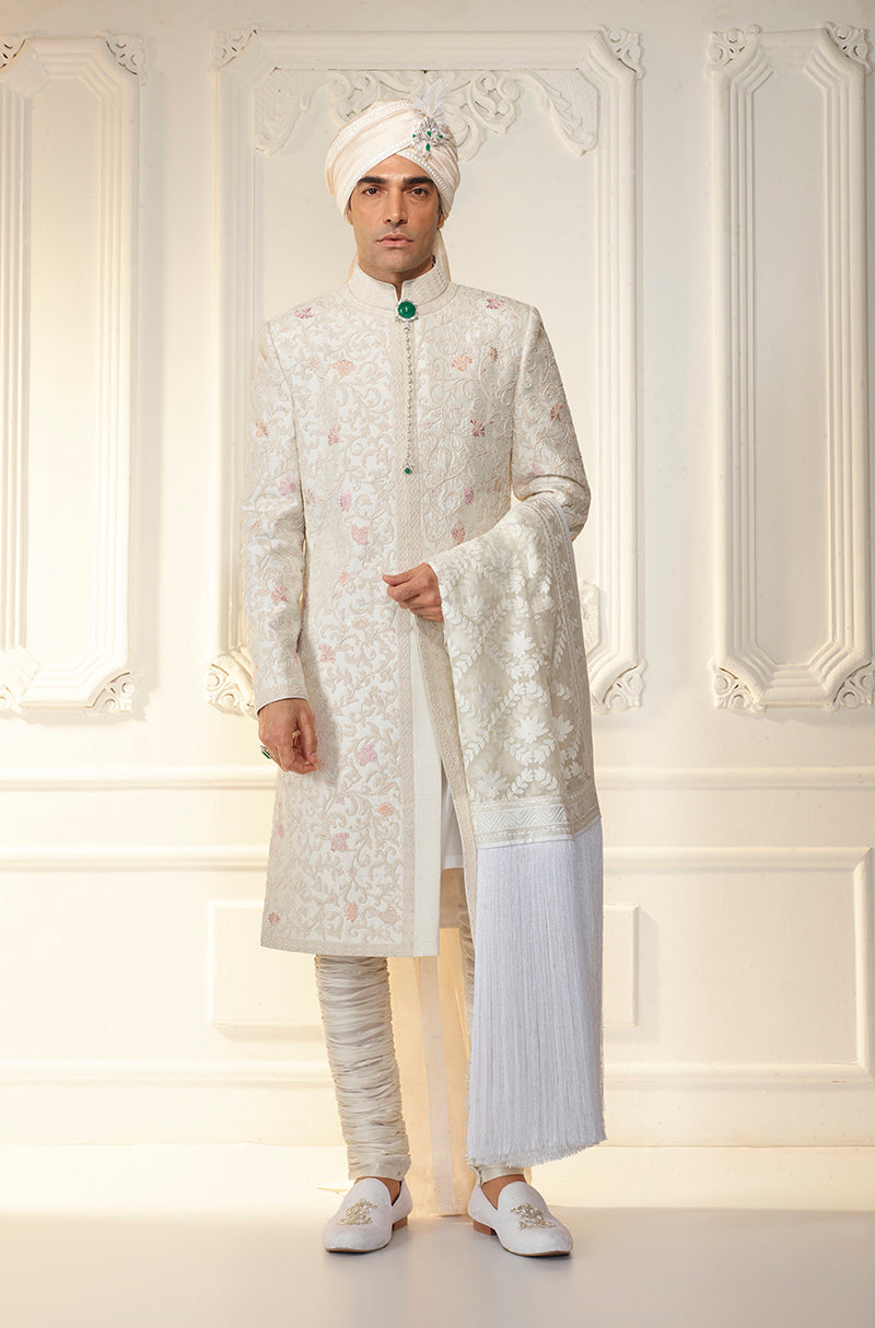 Ivory Rawsilk Embroidered Sherwani Set