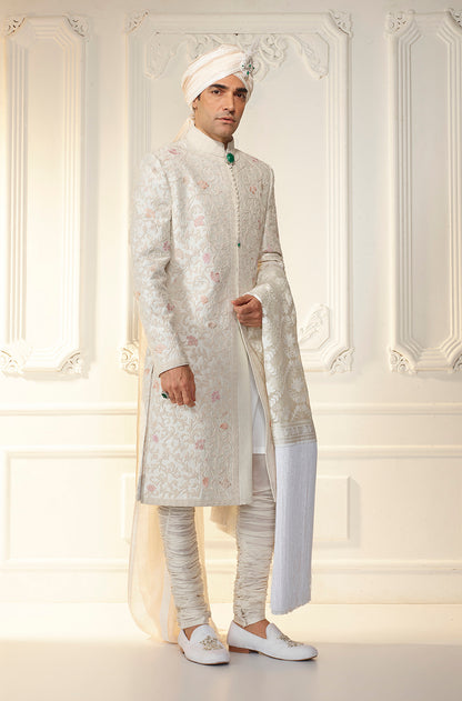 Ivory Rawsilk Embroidered Sherwani Set