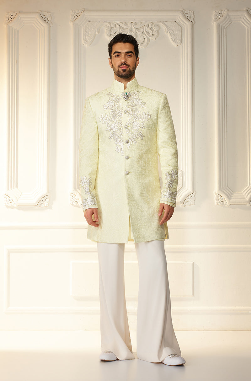 Lime Yellow Self Textured Sherwani Set