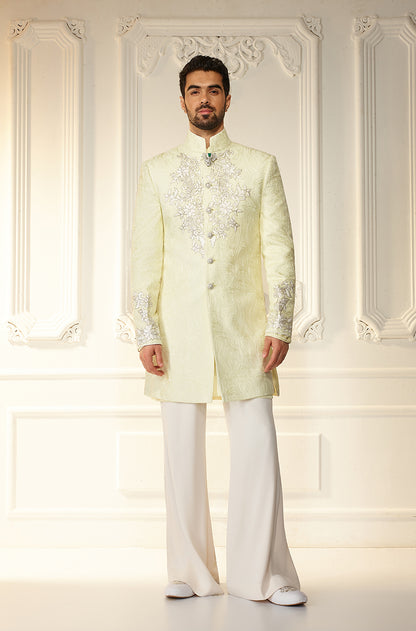 Lime Yellow Self Textured Sherwani Set