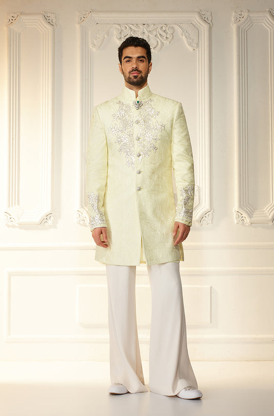 Lime Yellow Self Textured Sherwani Set
