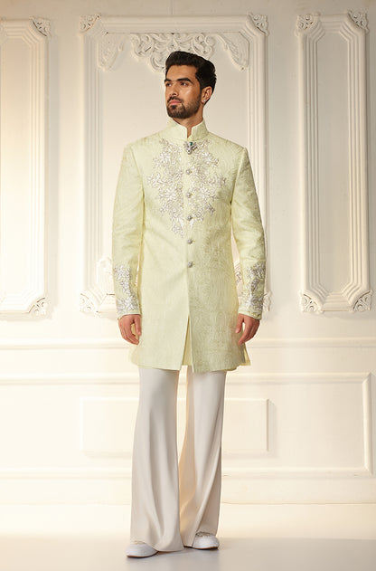 Lime Yellow Self Textured Sherwani Set