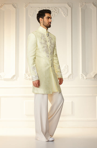 Lime Yellow Self Textured Sherwani Set