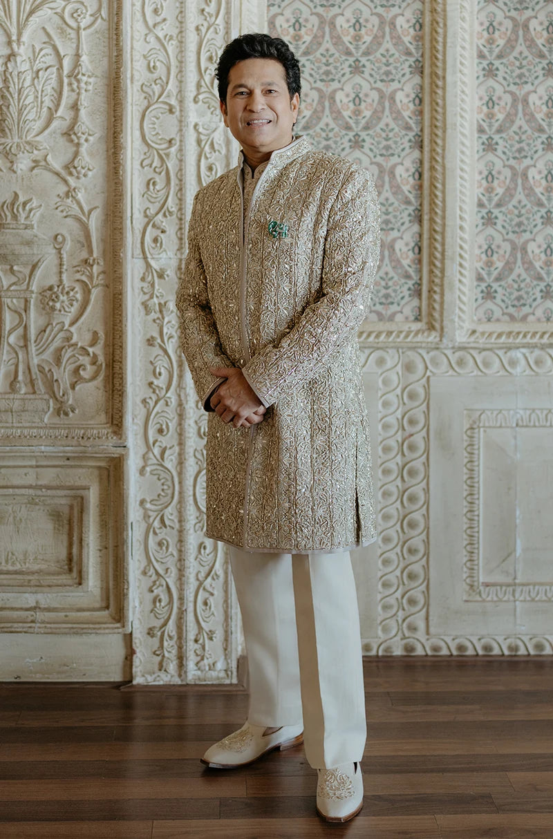 Sachin Tendulkar in our Custom Tissue Soft Ivory Sherwani Set