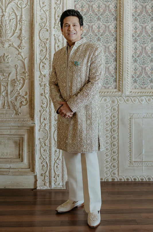 Sachin Tendulkar in our Custom Tissue Soft Ivory Sherwani Set
