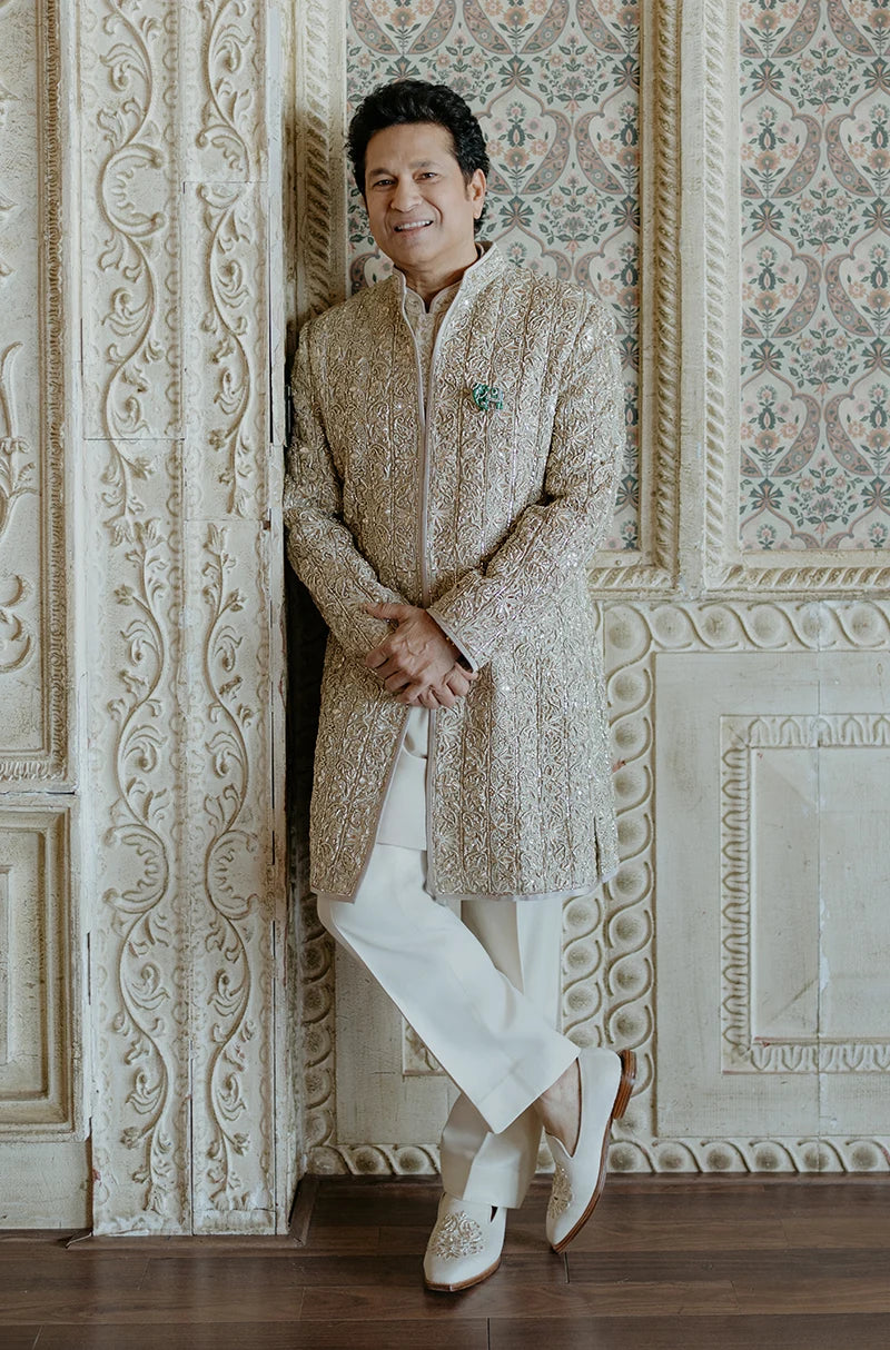 Sachin Tendulkar in our Custom Tissue Soft Ivory Sherwani Set