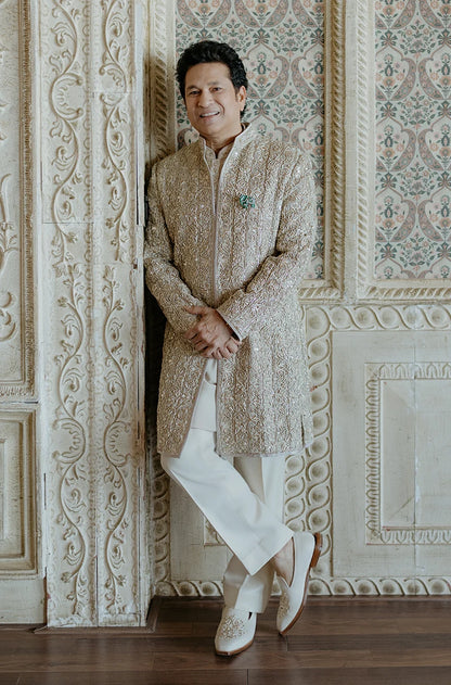 Sachin Tendulkar in our Custom Tissue Soft Ivory Sherwani Set