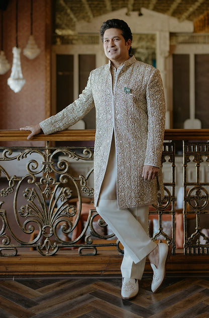 Sachin Tendulkar in our Custom Tissue Soft Ivory Sherwani Set