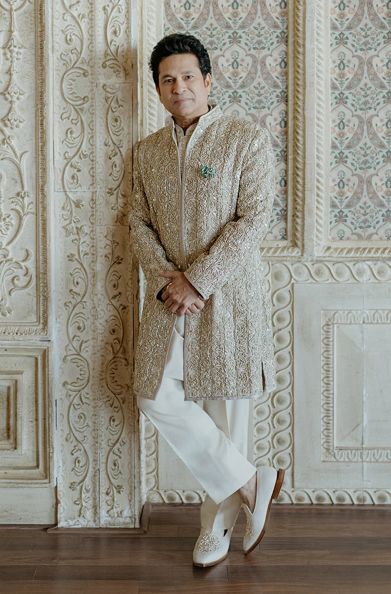 Sachin Tendulkar in our Custom Tissue Soft Ivory Sherwani Set