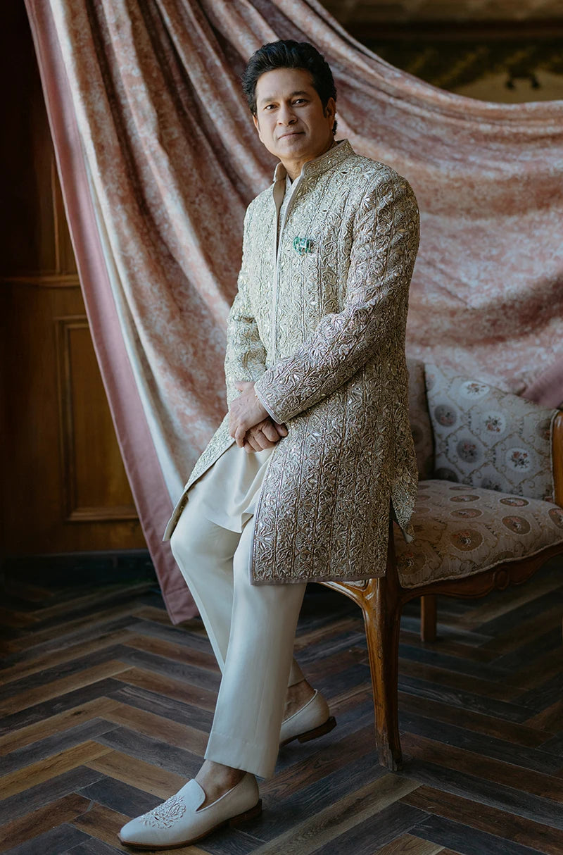 Sachin Tendulkar in our Custom Tissue Soft Ivory Sherwani Set