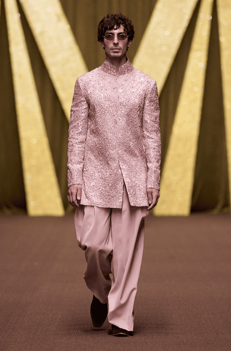 Soft Pink Organza Floral Embroidered Sherwani Set