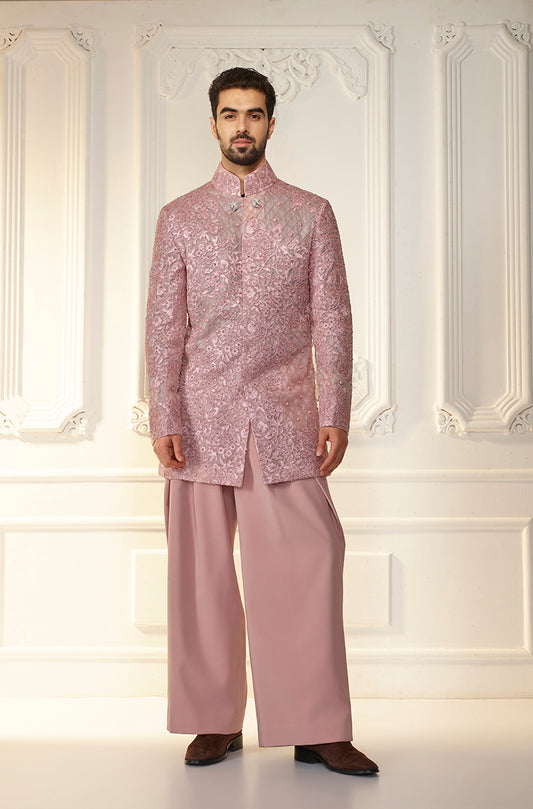 Soft Pink Organza Floral Embroidered Sherwani Set