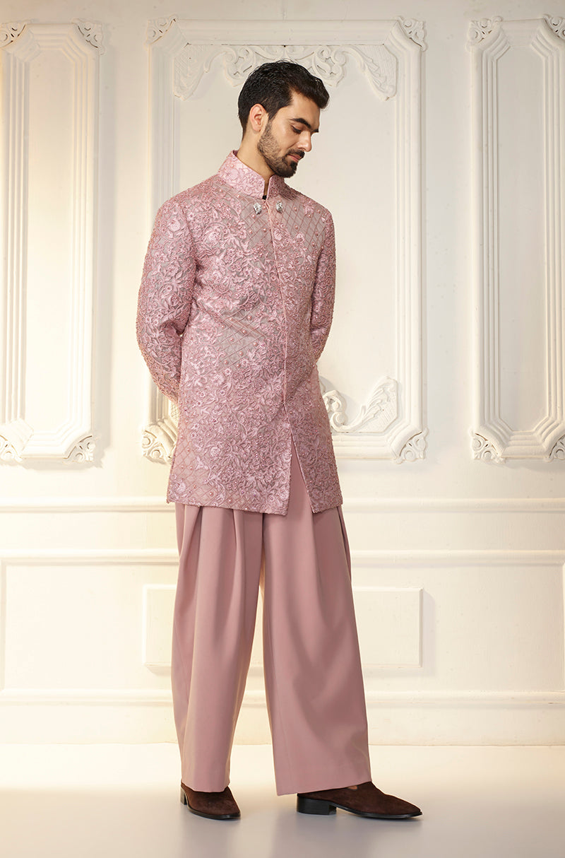 Soft Pink Organza Floral Embroidered Sherwani Set