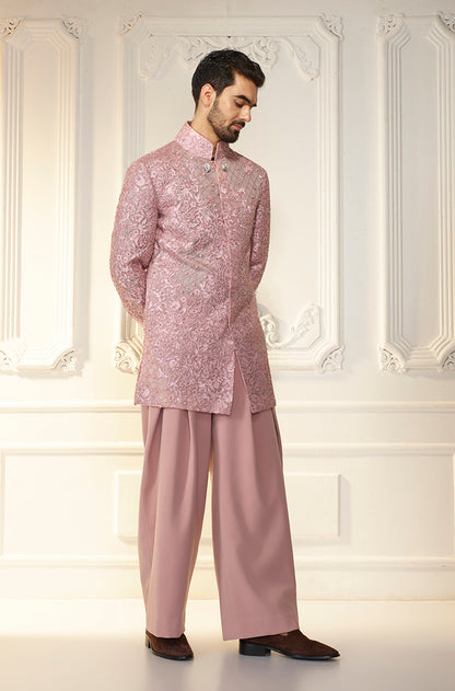 Soft Pink Organza Floral Embroidered Sherwani Set