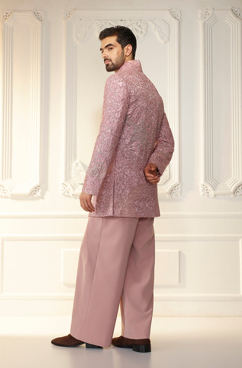 Soft Pink Organza Floral Embroidered Sherwani Set