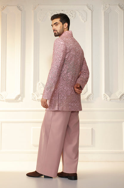 Soft Pink Organza Floral Embroidered Sherwani Set
