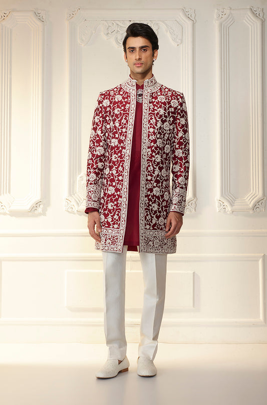 Maroon & Ivory Embroidered Sherwani Set
