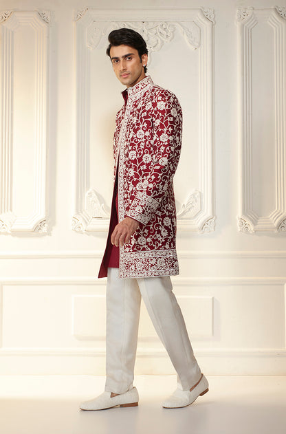 Maroon & Ivory Embroidered Sherwani Set