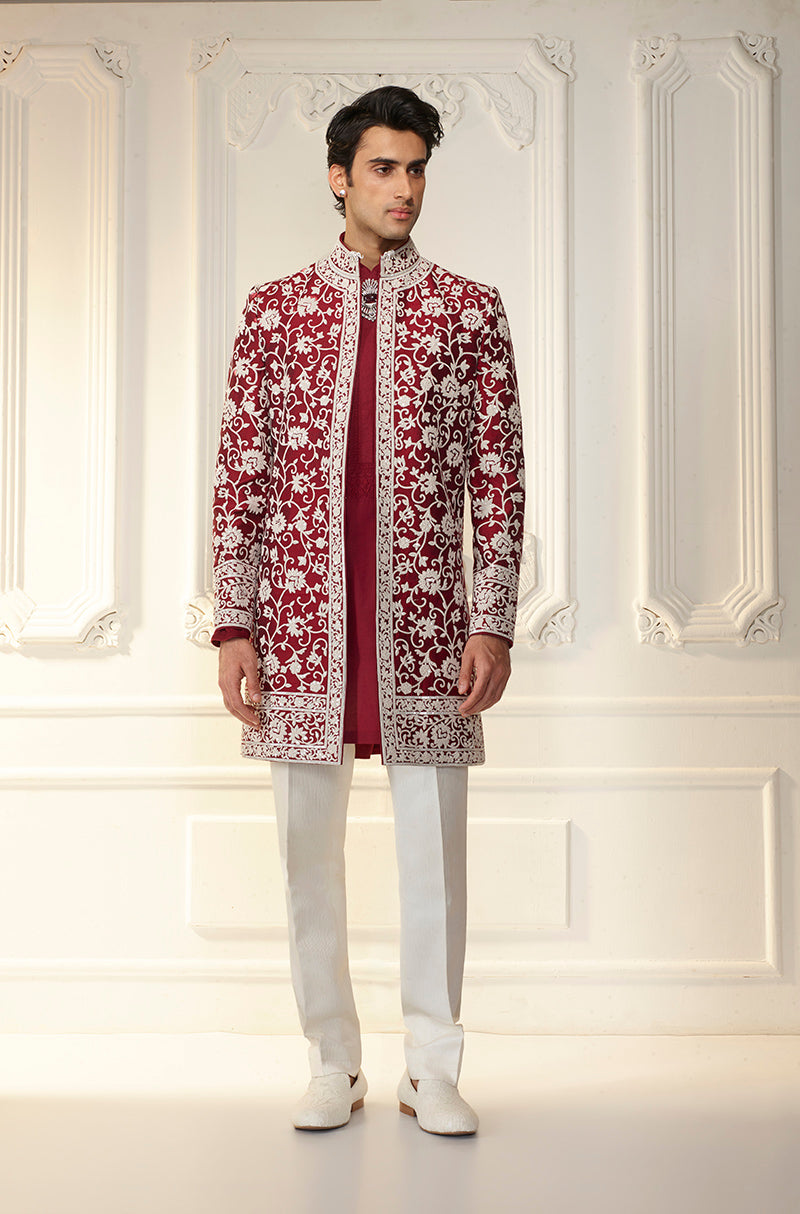 Maroon & Ivory Embroidered Sherwani Set