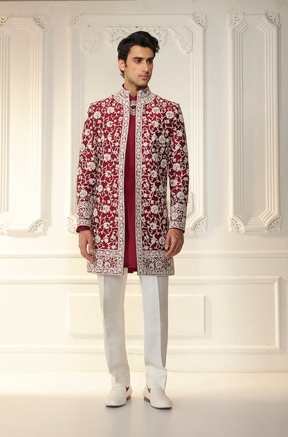 Maroon & Ivory Embroidered Sherwani Set