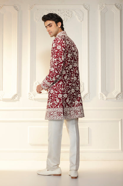 Maroon & Ivory Embroidered Sherwani Set