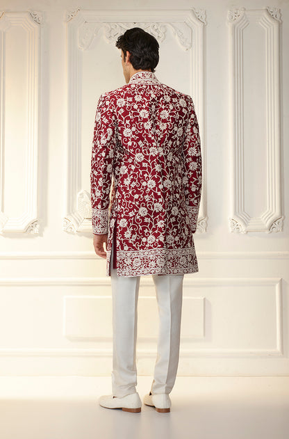 Maroon & Ivory Embroidered Sherwani Set