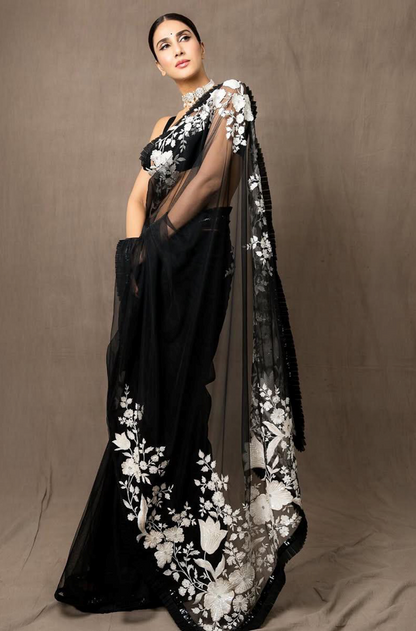 Vaani Kapoor in our Black Net Floral Embroidered Saree Set