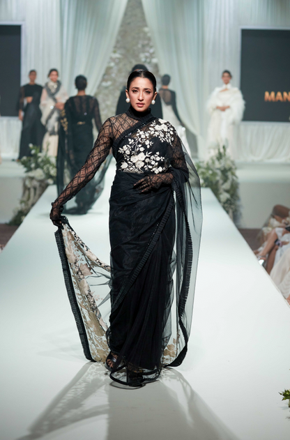 Black Net Floral Embroidered Saree Set