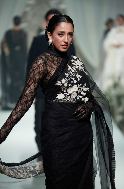 Black Net Floral Embroidered Saree Set