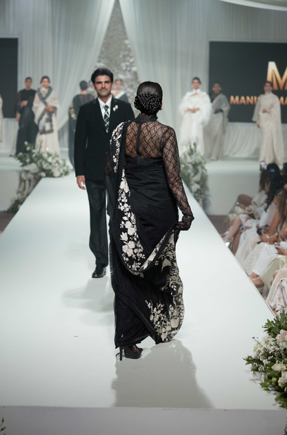 Black Net Floral Embroidered Saree Set