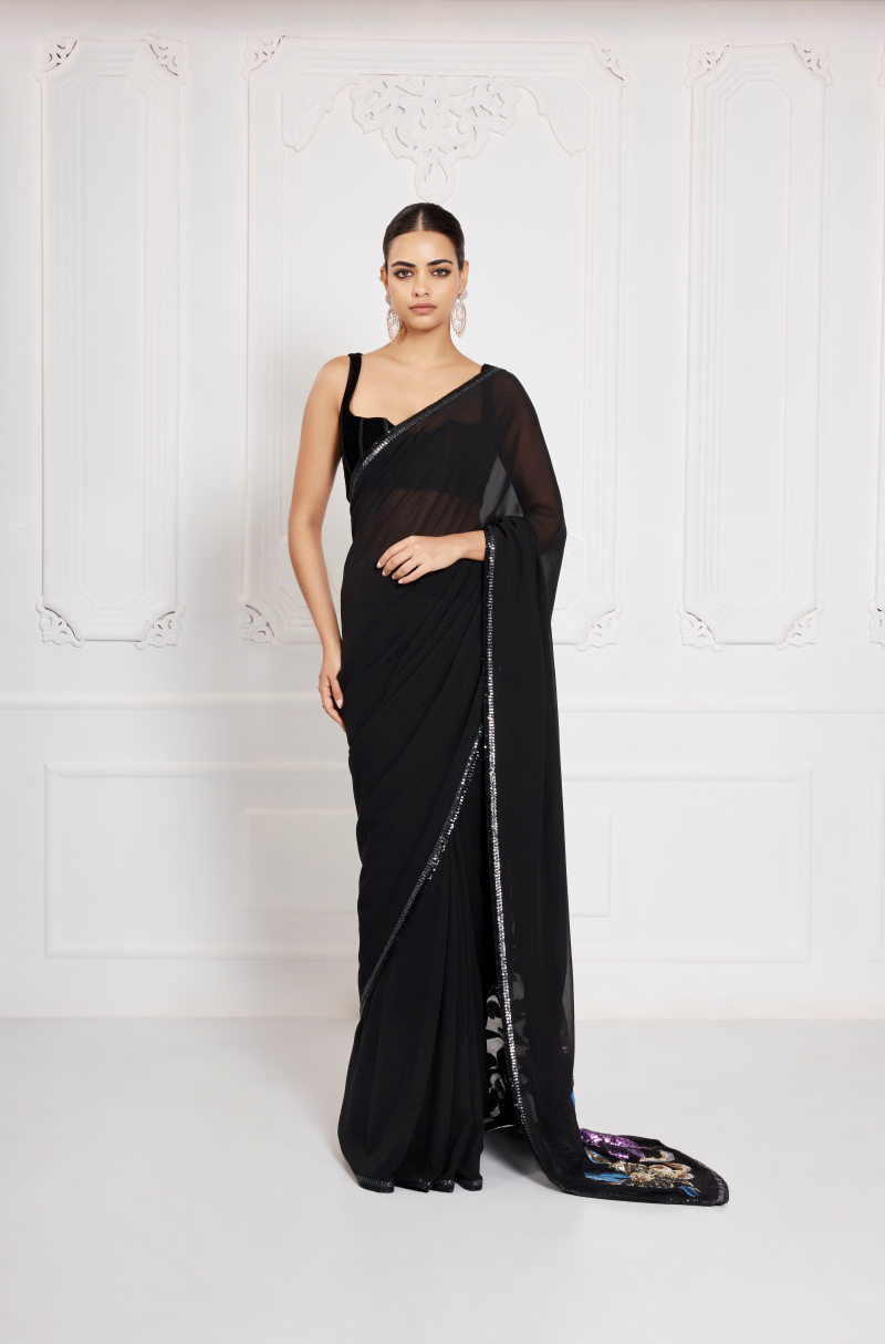 Black Georgette Sequin Embroidery Saree Set
