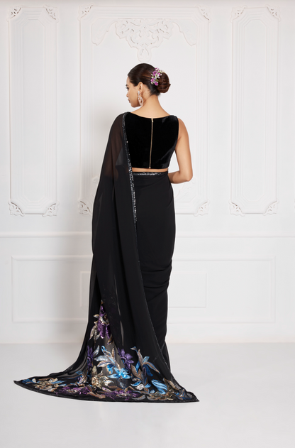 Black Georgette Sequin Embroidery Saree Set