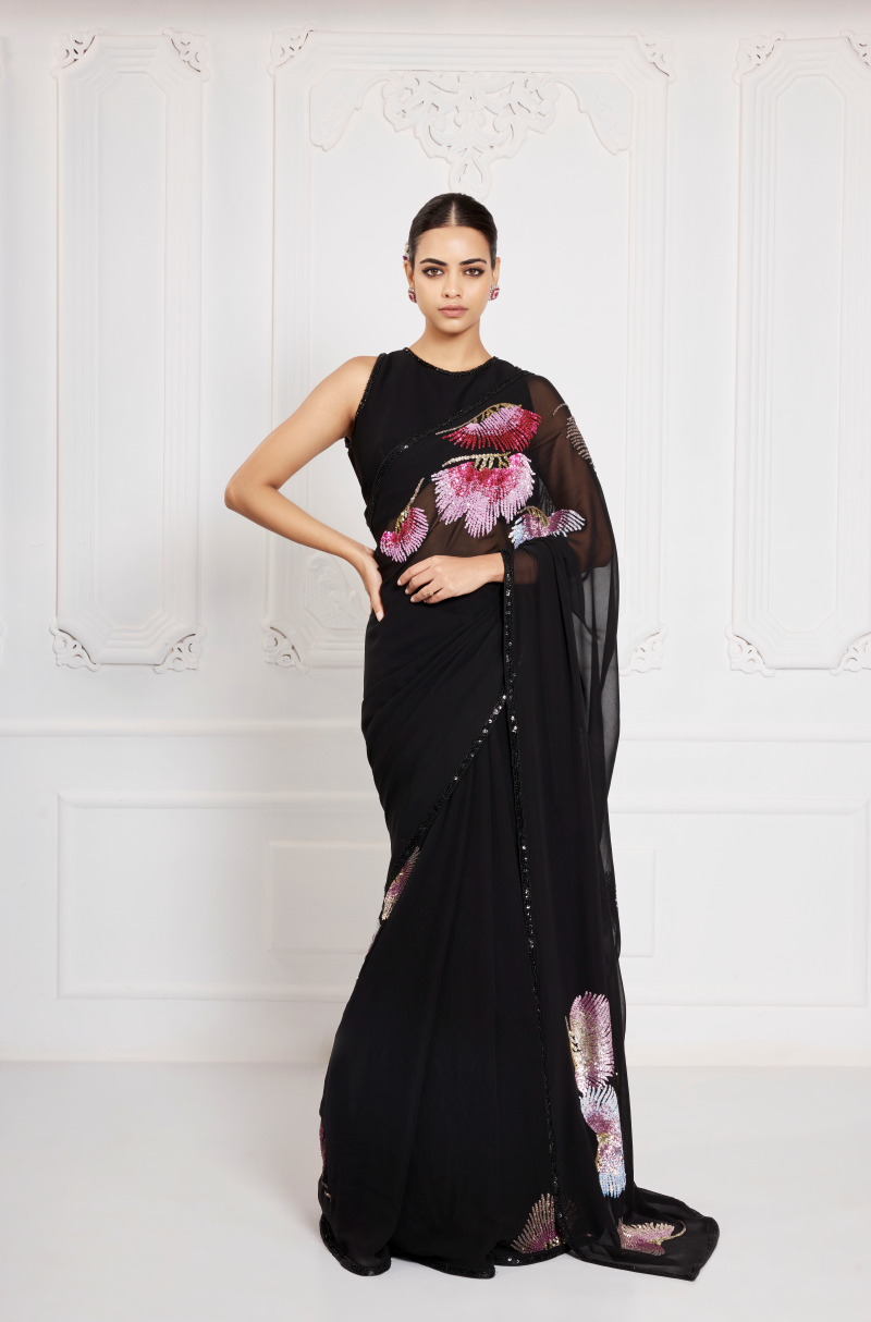 Black Georgette Floral Embroidered Saree Set