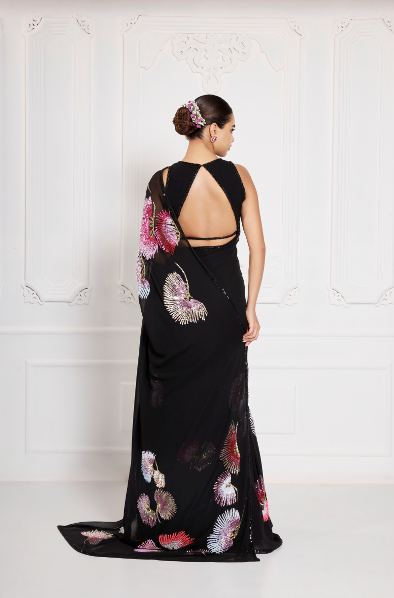Black Georgette Floral Embroidered Saree Set