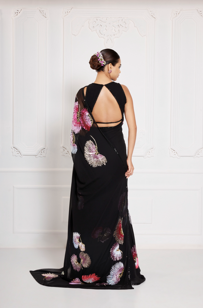 Black Georgette Floral Embroidered Saree Set